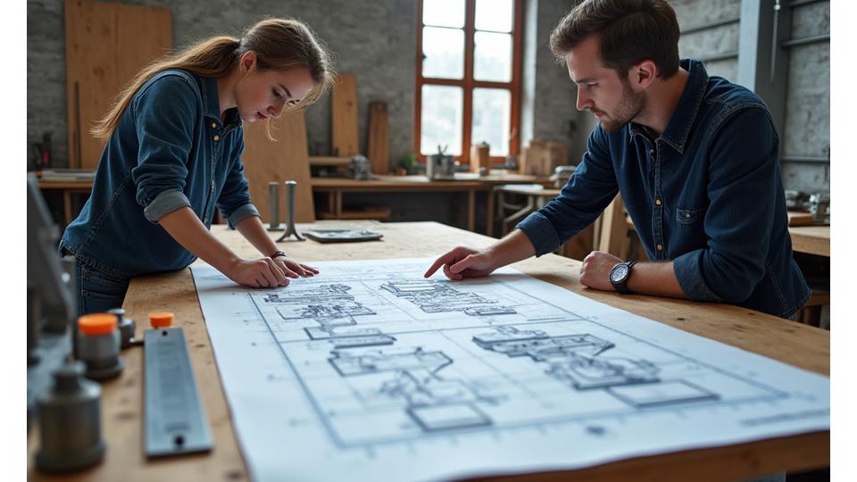 Gyeollin Craft 장인과 작가가 작품 설계도를 보며 논의하는 모습