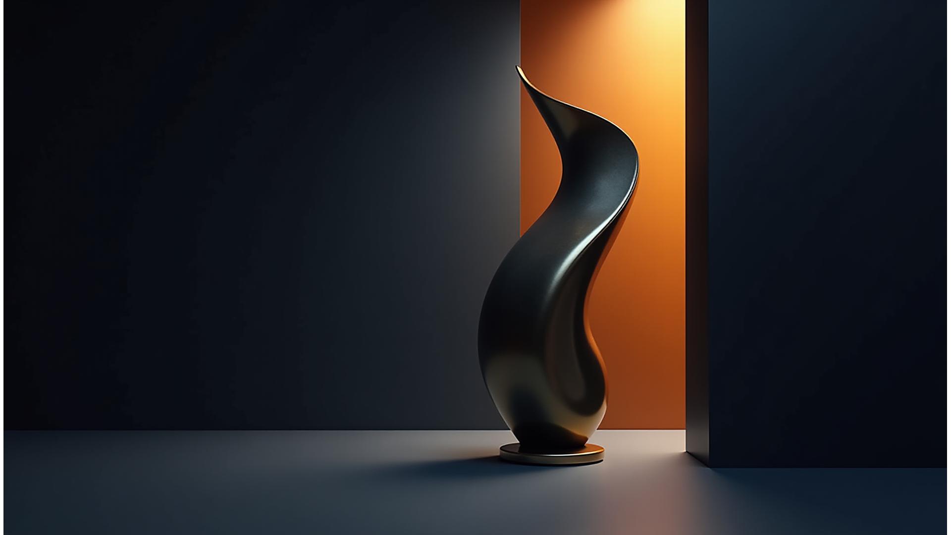 빛을 받아 반짝이는 미니멀리스트 금속 조각