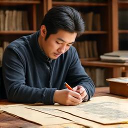 고고학자가 고문헌을 검토하며 금속 유물에 대해 자문하는 모습